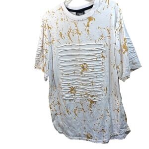 Distressed Gold Splatter T-Shirt with Cutout Design, Graphic Tee‎